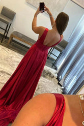 Burgundy Silk Satin A-line V-neck Prom Dresses with Slit, Party Dresses
